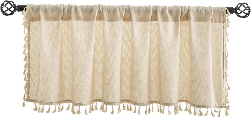 VOILYBIRD Beige Boho Sheer Valance 16 Inch Length Tassel Fringe Zigzag Design Modern Chic Kitchen Curtains 1 Panel 54”W x 16”L - Image 1